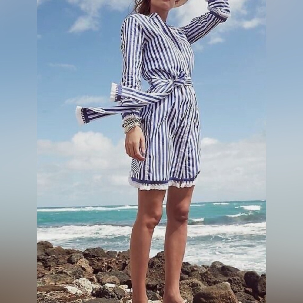 J.Crew Isola Boho Striped Fringe Tasseled Tunic Shirt Dress Missing Belt Size 10